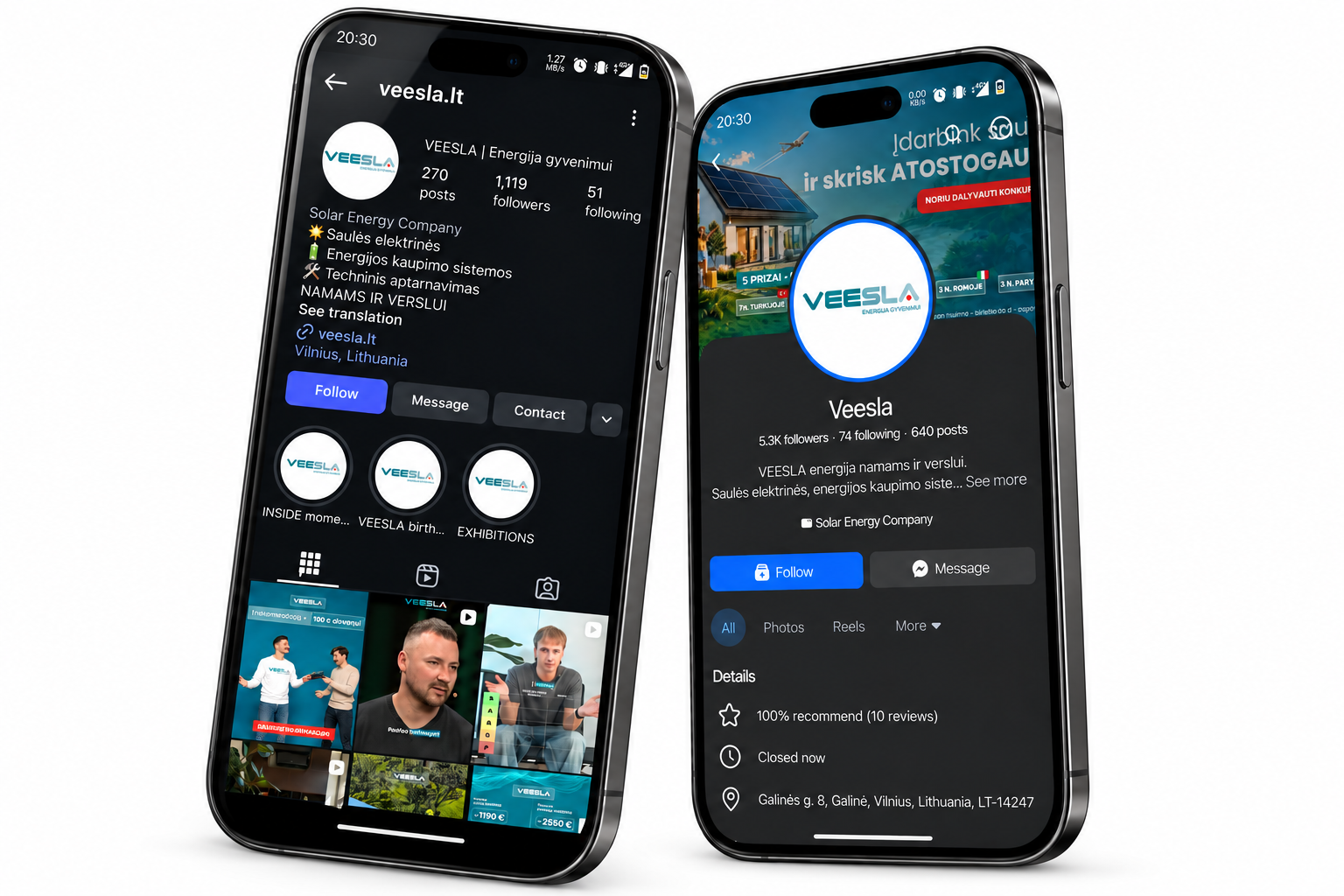 VEESLA Instagram ir Facebook profiliai telefonų ekranuose